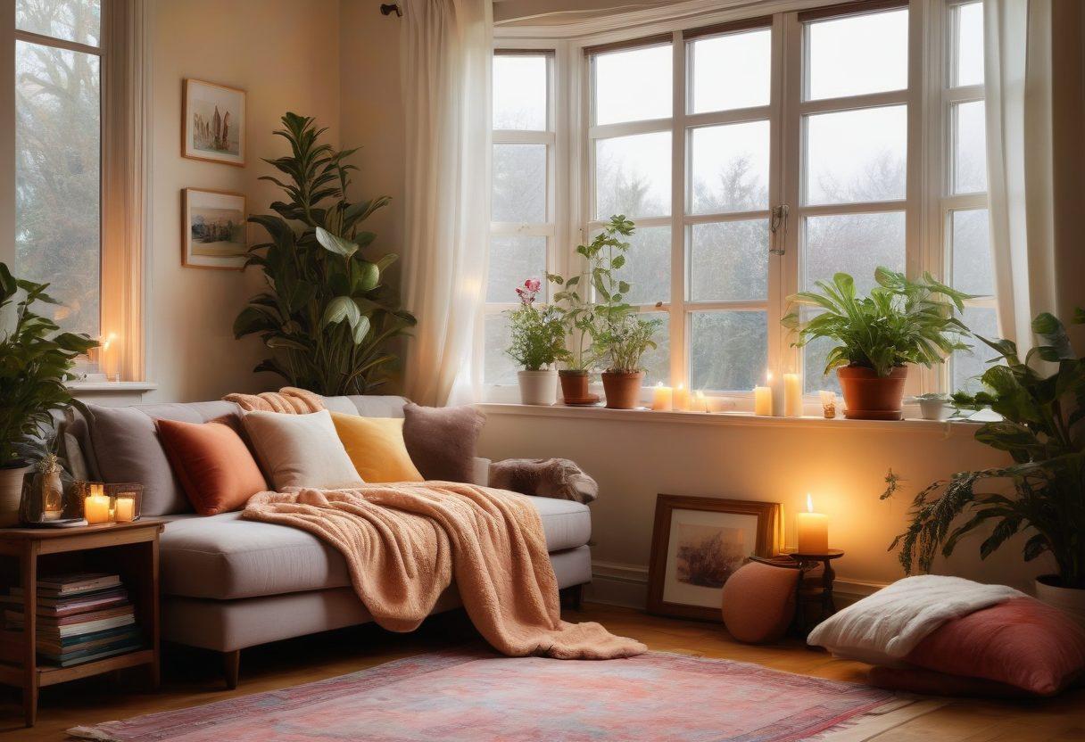 A cozy, warmly-lit living space adorned with plush furniture, soft blankets, and vibrant plants, evoking a sense of comfort and love. Include elements like candles, a small bookshelf, and a beautiful view through large windows. Create a scene that feels like a perfect romantic getaway, emphasizing warmth and intimacy. painting. vibrant colors. soft focus.