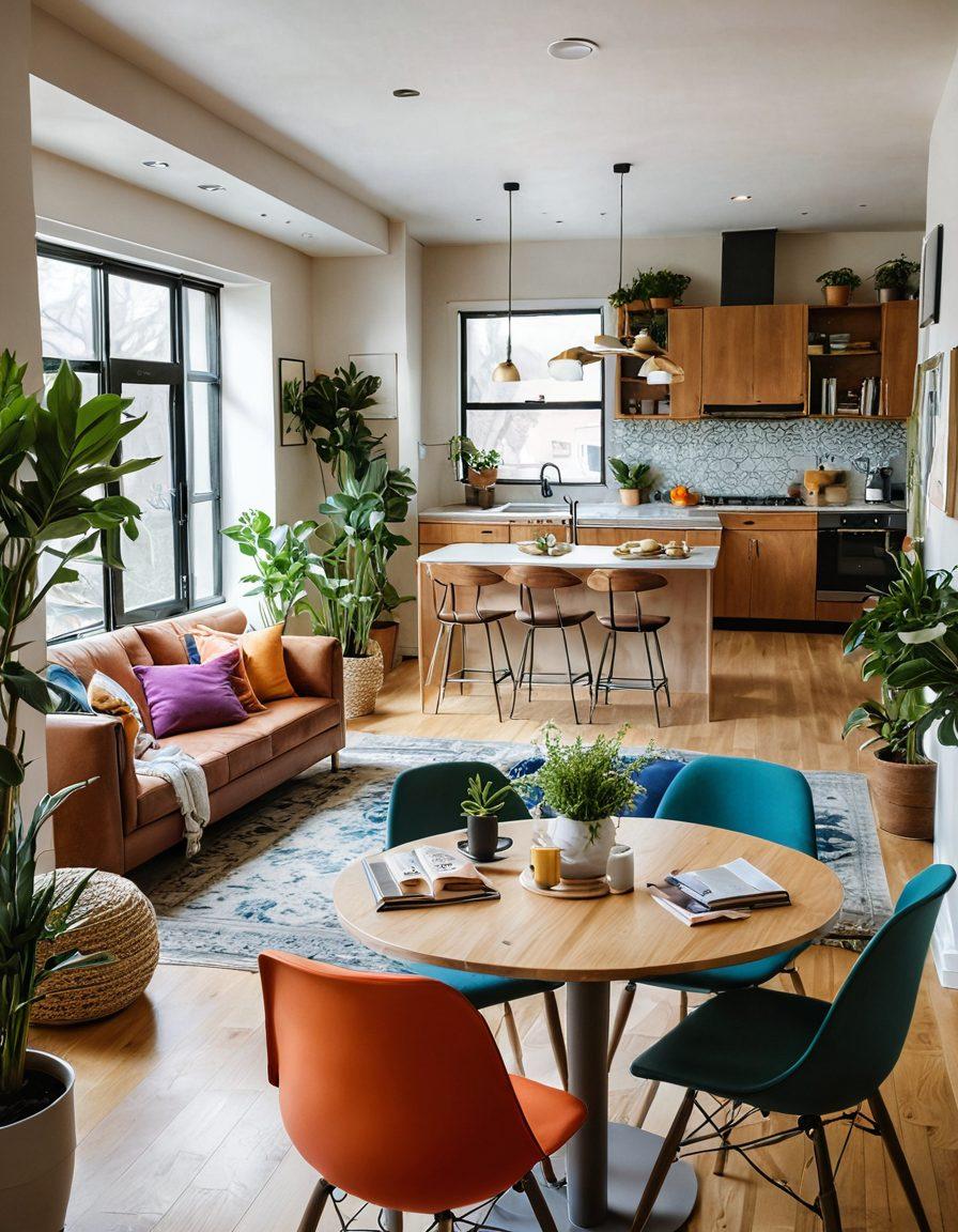 A cozy, stylish co-living space filled with natural light, featuring a shared kitchen and colorful decor. In the foreground, a couple enjoys a romantic dinner, surrounded by plants and modern furnishings, highlighting community living. Add elements representing various lifestyles like books, art, and technology. Incorporate warm tones to evoke a welcoming atmosphere. super-realistic. vibrant colors. cozy interior.
