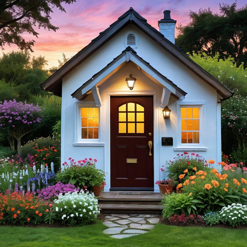 A cozy, inviting house with a heart-shaped door, surrounded by blooming gardens, symbolizing love and warmth. Include a magnifying glass hovering over the house, representing 'unlocking secrets' of the housing market. soft lighting at sunset, creating a romantic atmosphere, with subtle hints of financial graphs in the background. painting. vibrant colors.